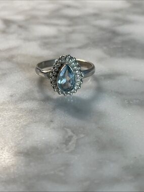 Sterling Silver Teardrop Blue Topaz Gemstone Halo Ring size 7